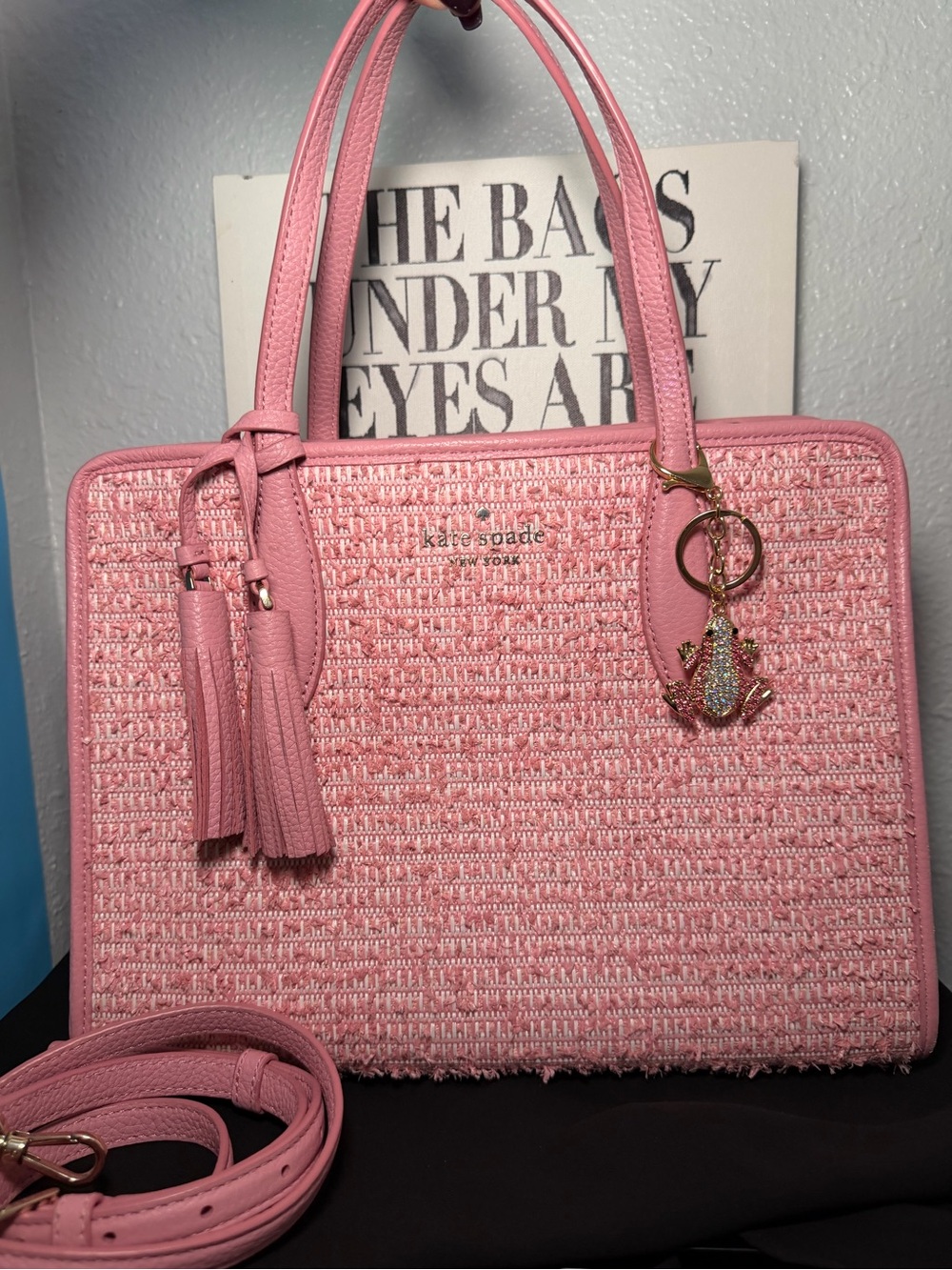 Kate Spade Pink Tweed Boucle Small Tote Bag Leather Tassel Crossbody